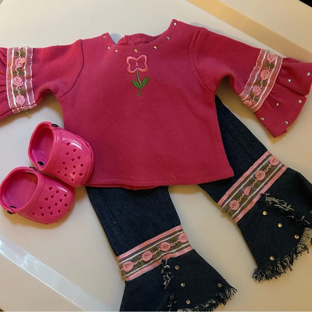 18” Doll 3 Piece Set with Embellished Jeans & Bell Sleeve Top